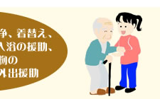 服薬確認、入れ歯洗浄、着替え、排泄、おむつ交換、入浴の援助、通院や買い物の付き添いなどの外出援助