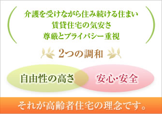 介護を受けながら住み続ける住まい、賃貸住宅の気安さ、尊厳とプライバシー重視。自由性の高さと安心・安全、それが高齢者住宅の理念です。